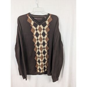 Y2K Perry Ellis V-Neck Argyle Sweater Brown Men's Size XL